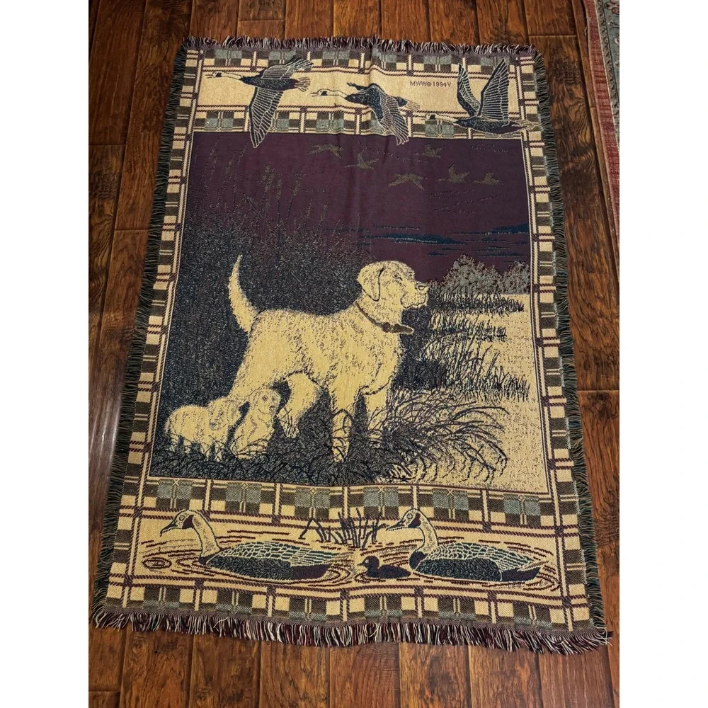 Vintage 1994 MWW Black Lab Duck Hunting Tapestry Throw Blanket 49x72 Fringe